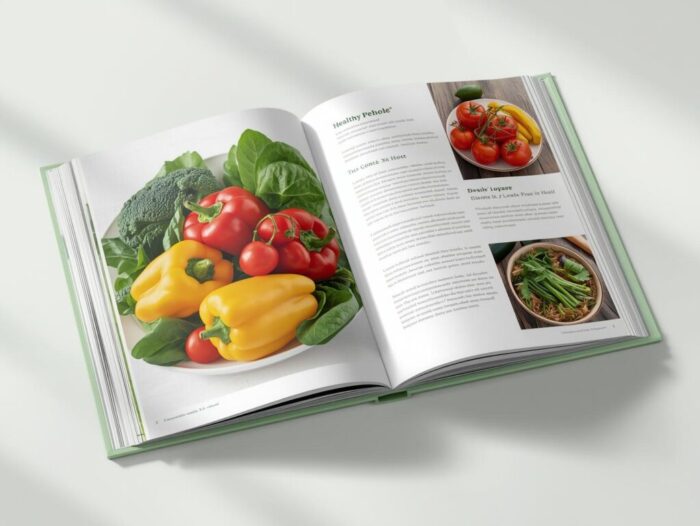 Crie uma imagem de um livro aberto onde pode se ver uma receita saúdavel com vegetais. O livro deve ser na cor verde claro (1)